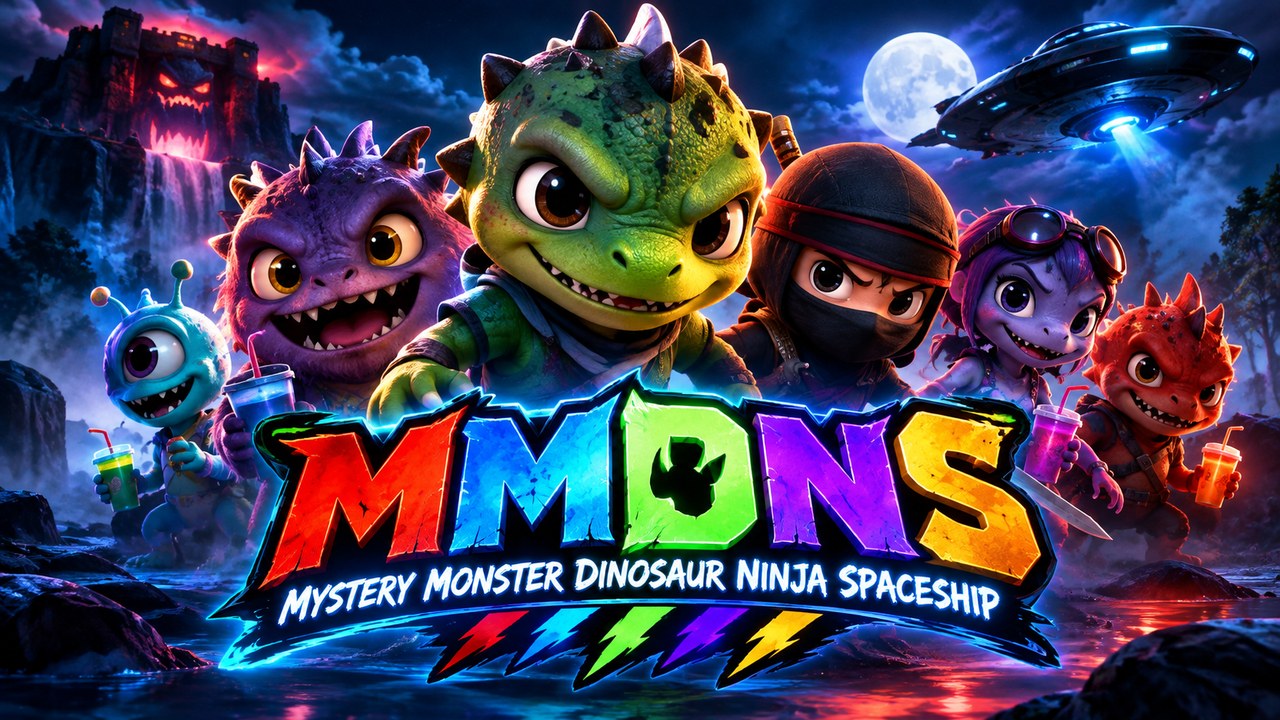 Mystery Monster Dinosaur Ninja Spaceship (MMDNS) — monsters, a dinosaur, a ninja and a spaceship under the moonlight